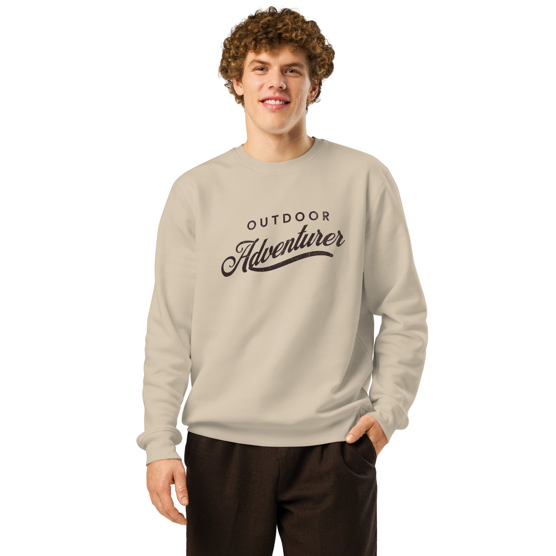 Lifestyle view of neutral-toned organic mid-weight sweatshirt with adventure-inspired print.