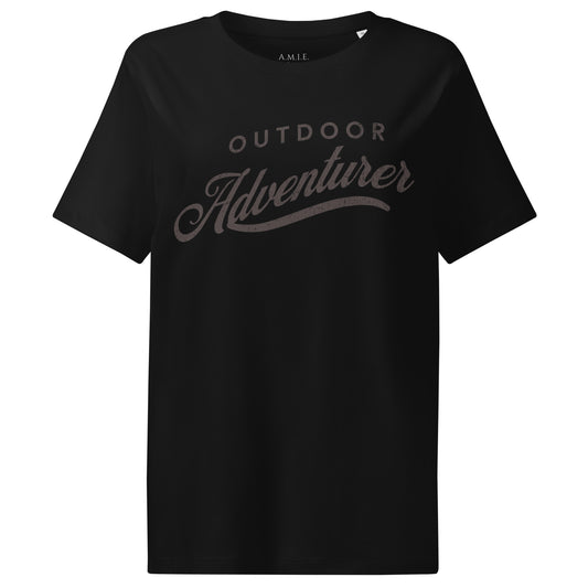 Women’s organic cotton t-shirt in black featuring Outdoor Adventurer 