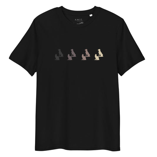 Black organic cotton t-shirt with gradient dog and cat silhouettes – Pet Silhouettes Gradient design