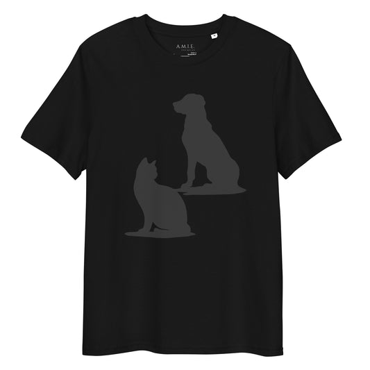 Black organic cotton t-shirt with minimalist dog and cat silhouettes – Pet Silhouettes design