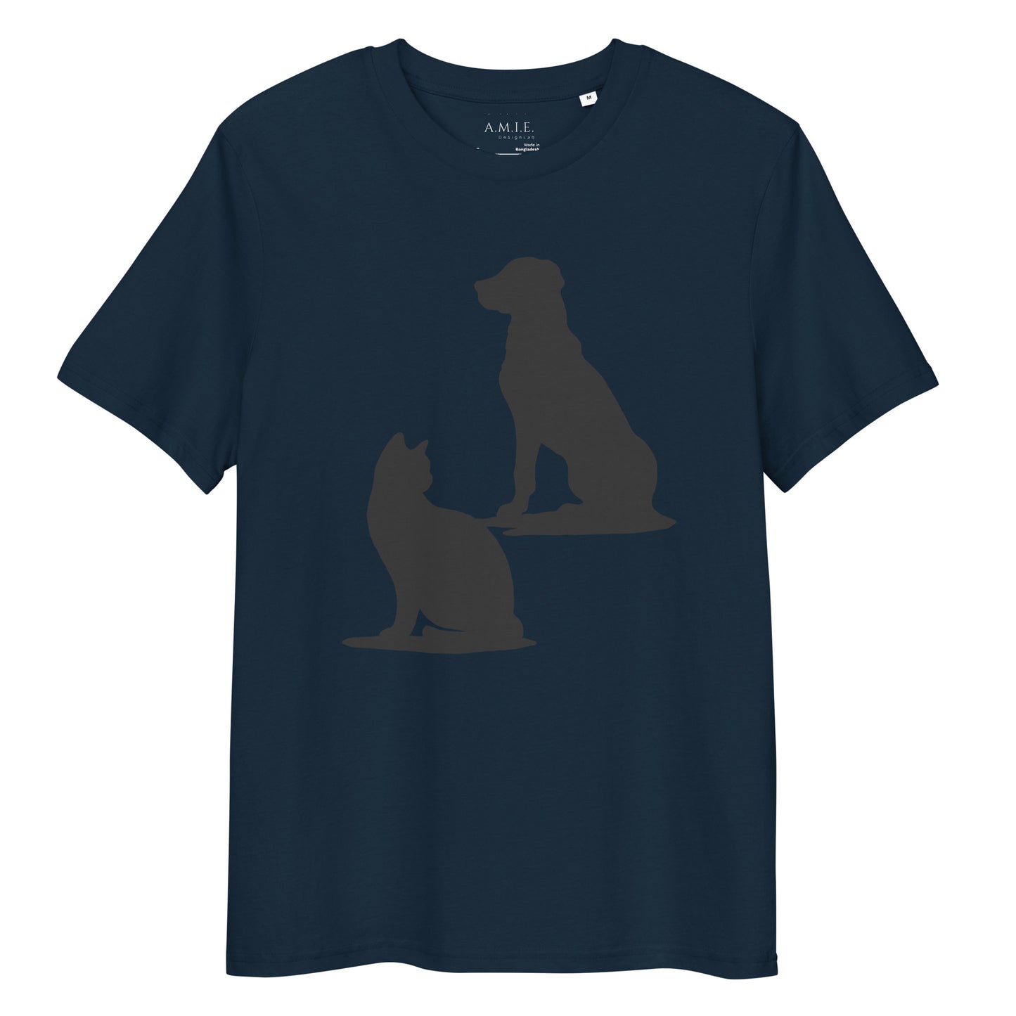 French Navy organic cotton t-shirt with minimalist dog and cat silhouettes – Pet Silhouettes design