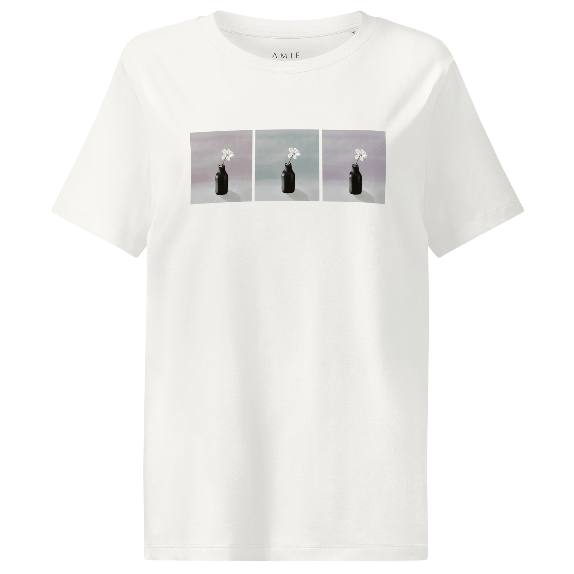 Off white organic cotton t-shirt with three-panel minimalist figure design – Quiet Bloom Reflections