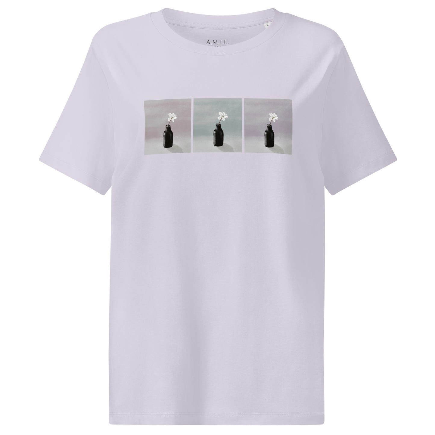 Unisex organic t-shirt featuring artistic three-panel figure in soft, serene tones