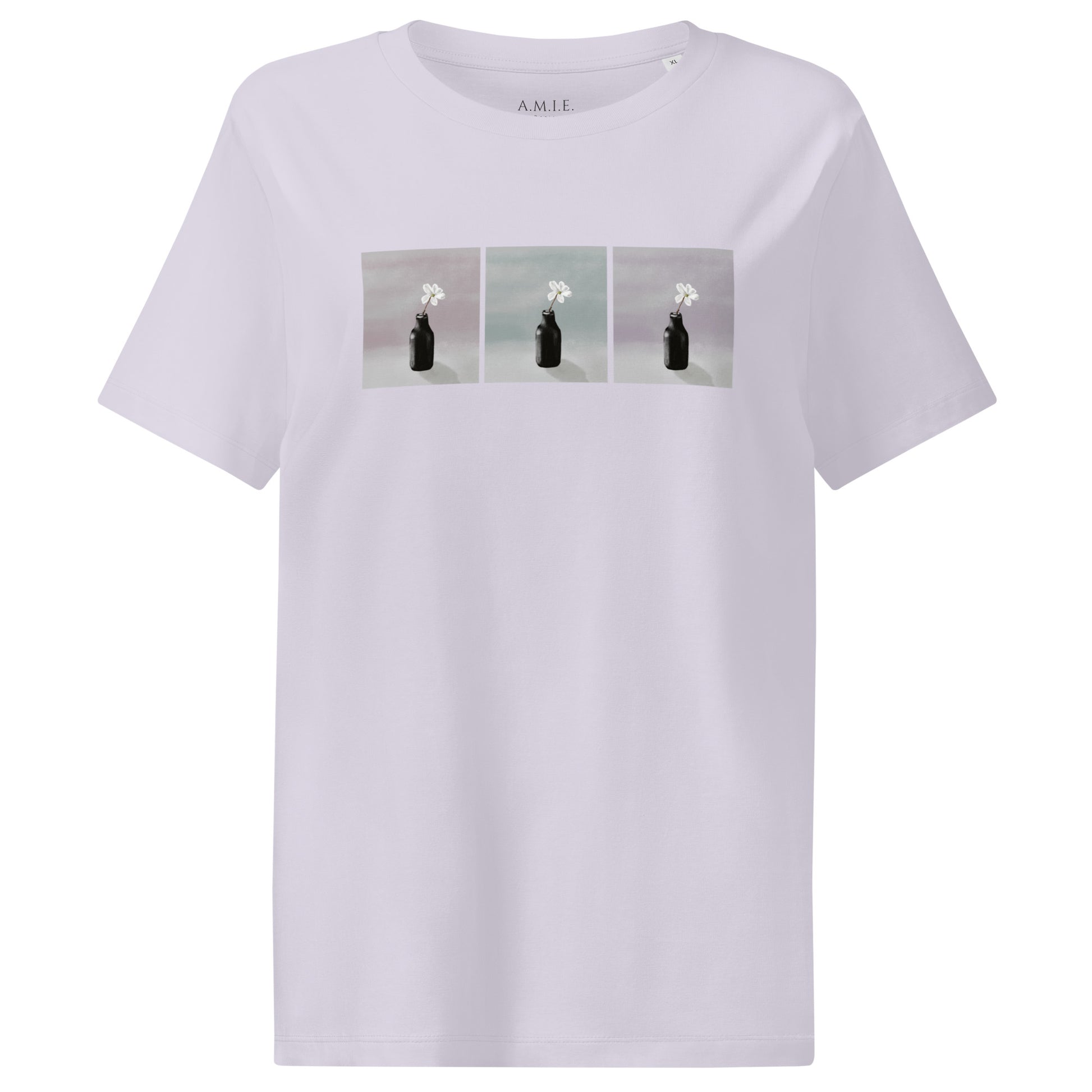 Unisex organic t-shirt featuring artistic three-panel figure in soft, serene tones