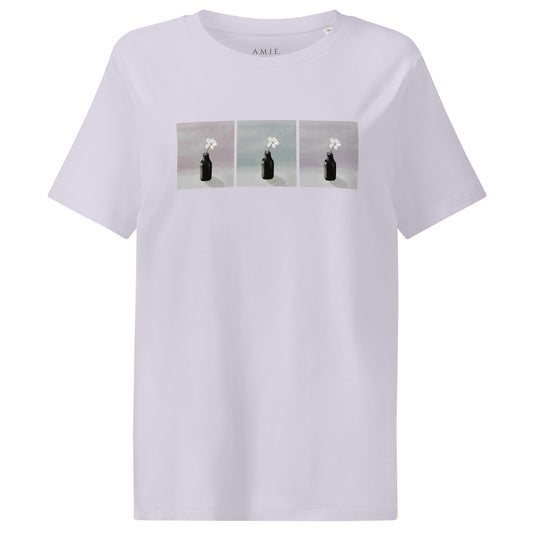 Unisex organic t-shirt featuring artistic three-panel figure in soft, serene tones
