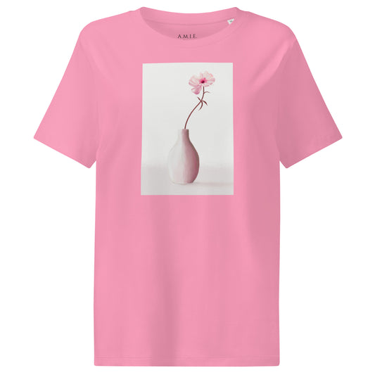 Women’s pink organic t-shirt with minimalist floral vase art print.