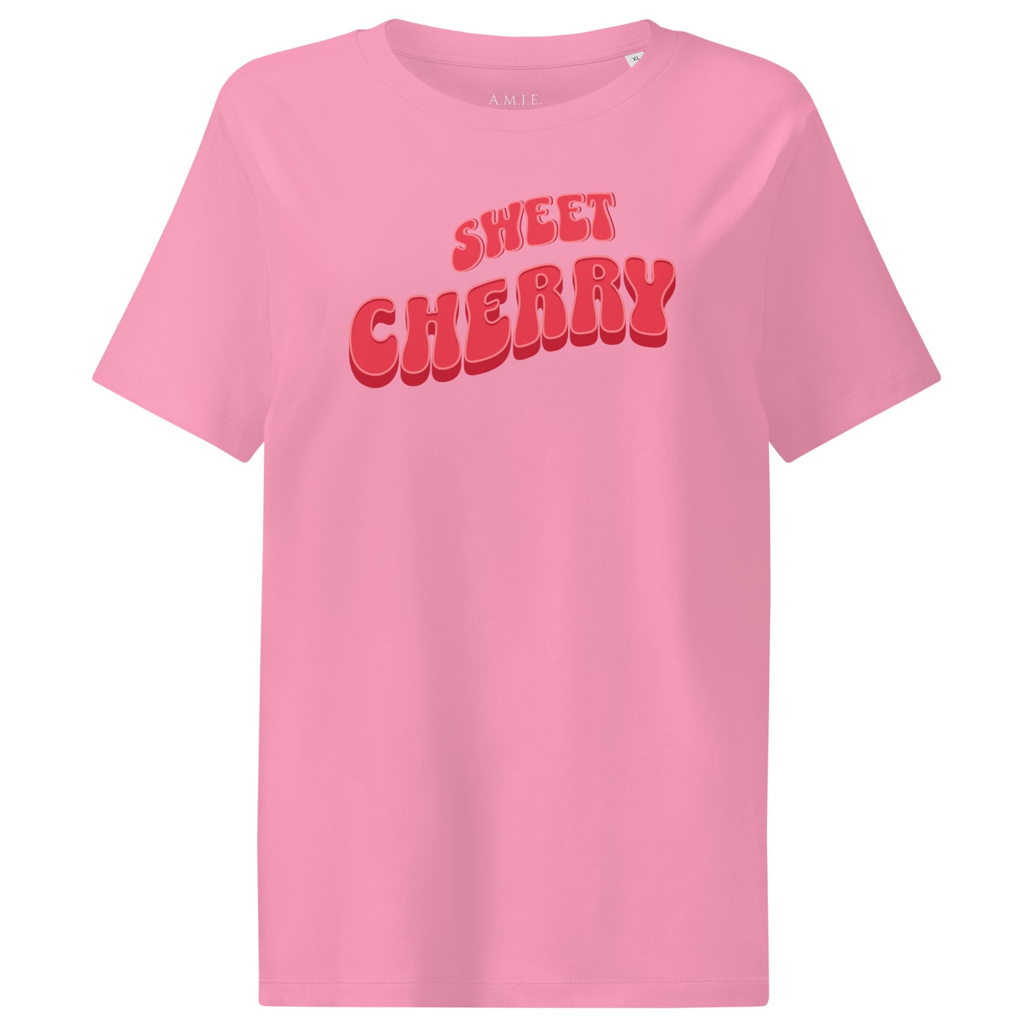 Bubble pink organic cotton t-shirt with bold retro red lettering reading Sweet Cherry