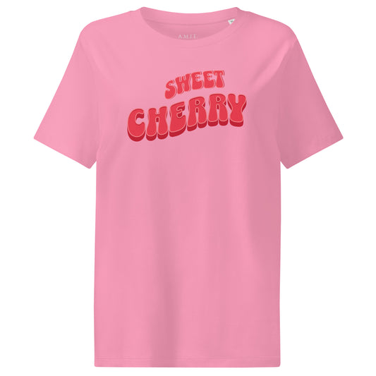 Bubble pink organic cotton t-shirt with bold retro red lettering reading Sweet Cherry