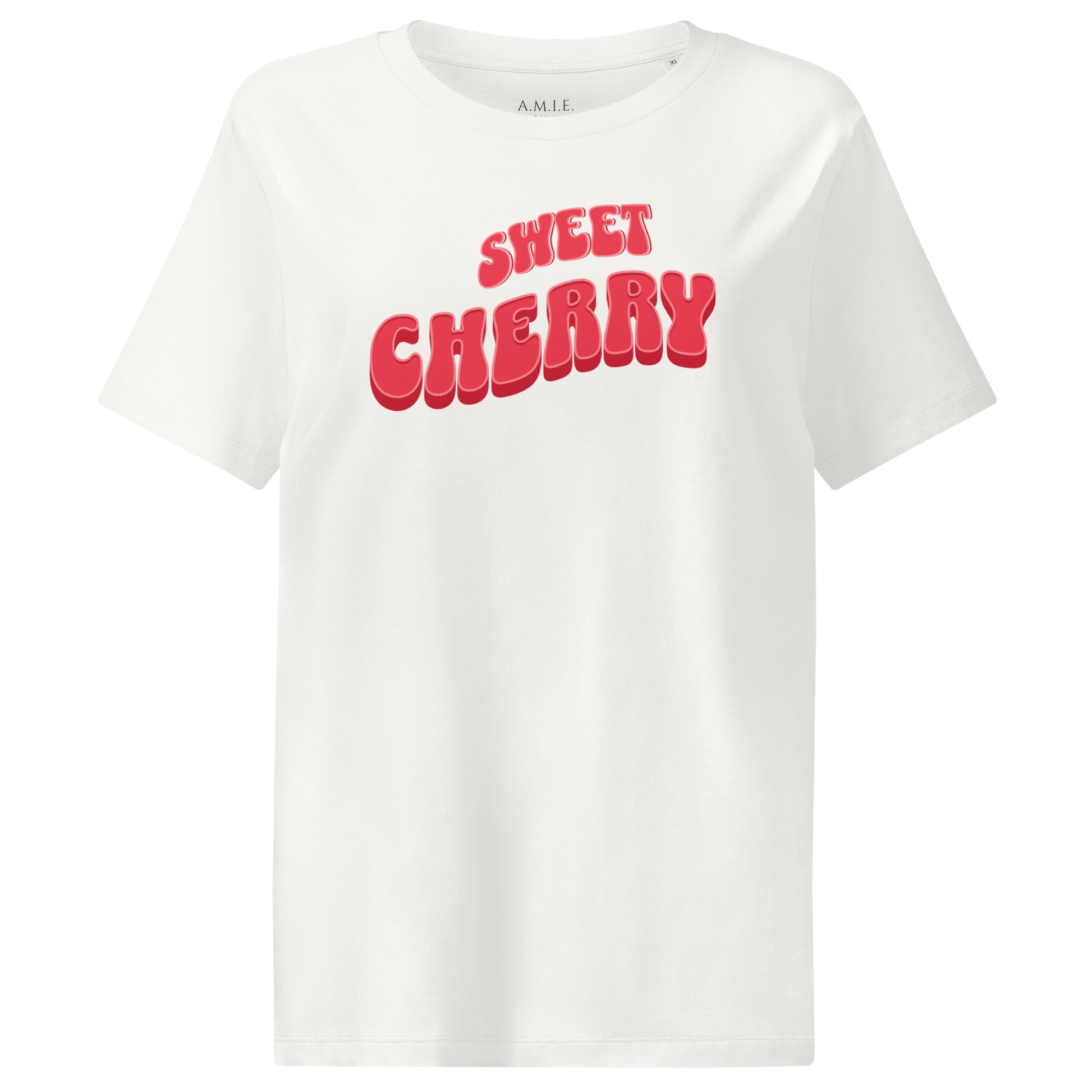 White organic cotton tee with retro Sweet Cherry graphic print