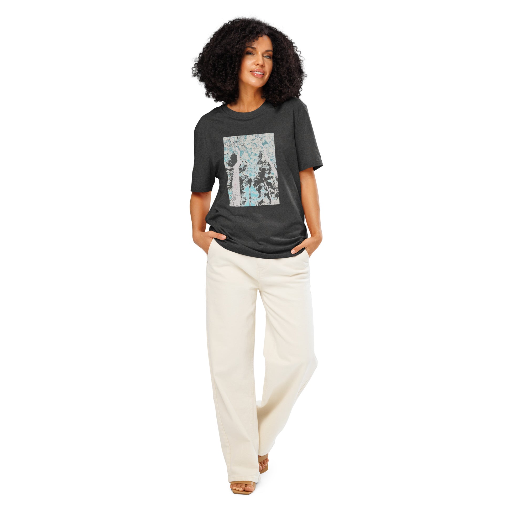 Dark gray t-shirt with a graphic of trees on model
