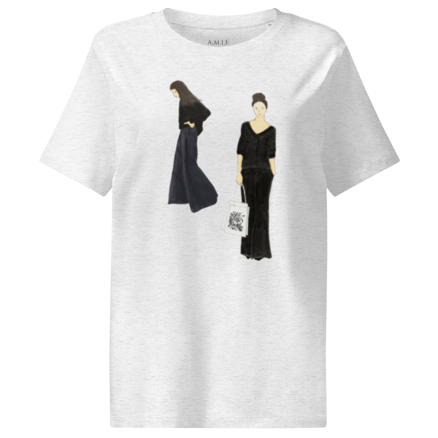 Women’s organic ribbed neck t-shirt with modern fashion illustration design in black attire