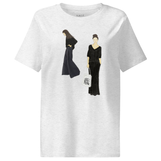 Women’s organic ribbed neck t-shirt with modern fashion illustration design in black attire