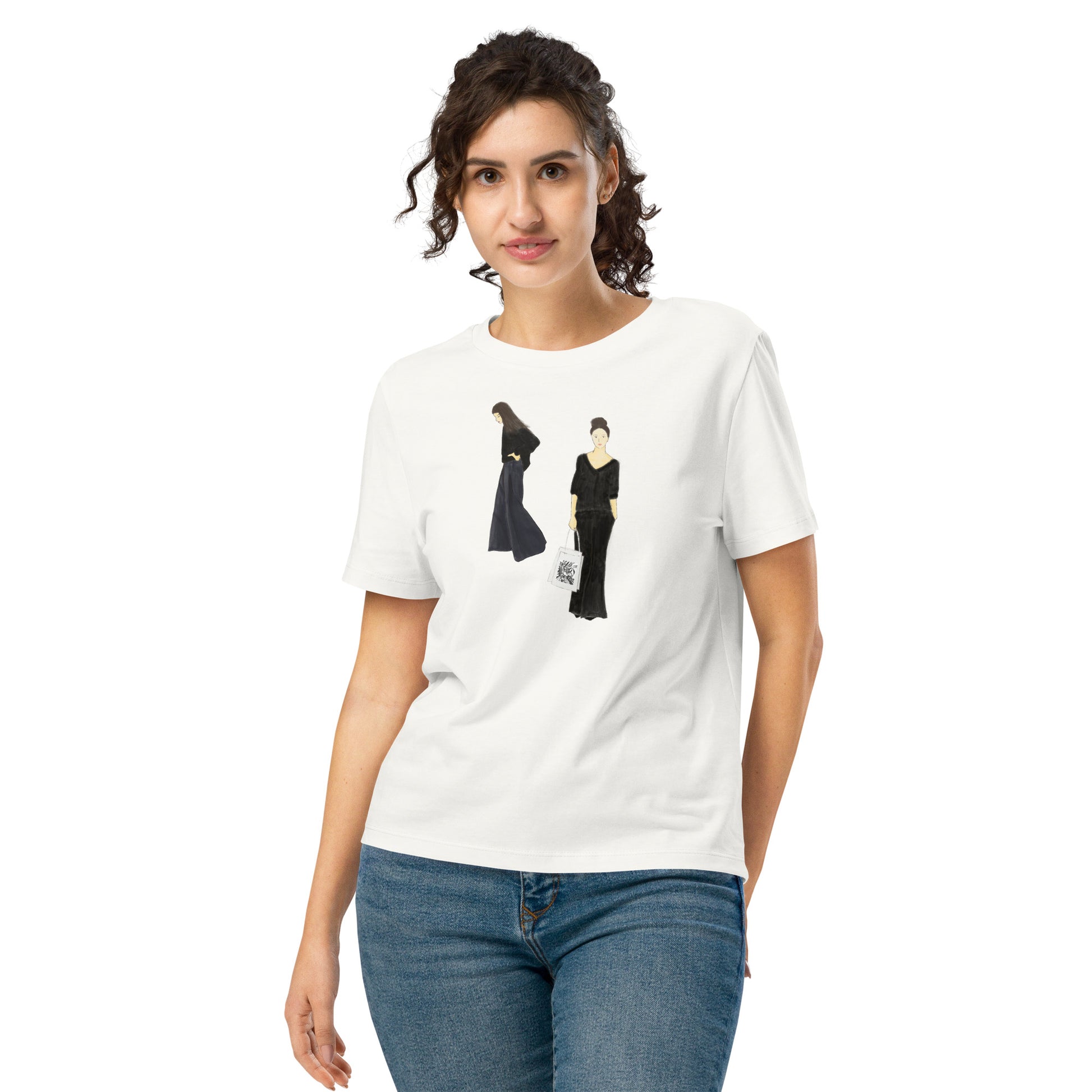 Women organic cotton graphic tee featuring chic minimalist fashion artwork on model