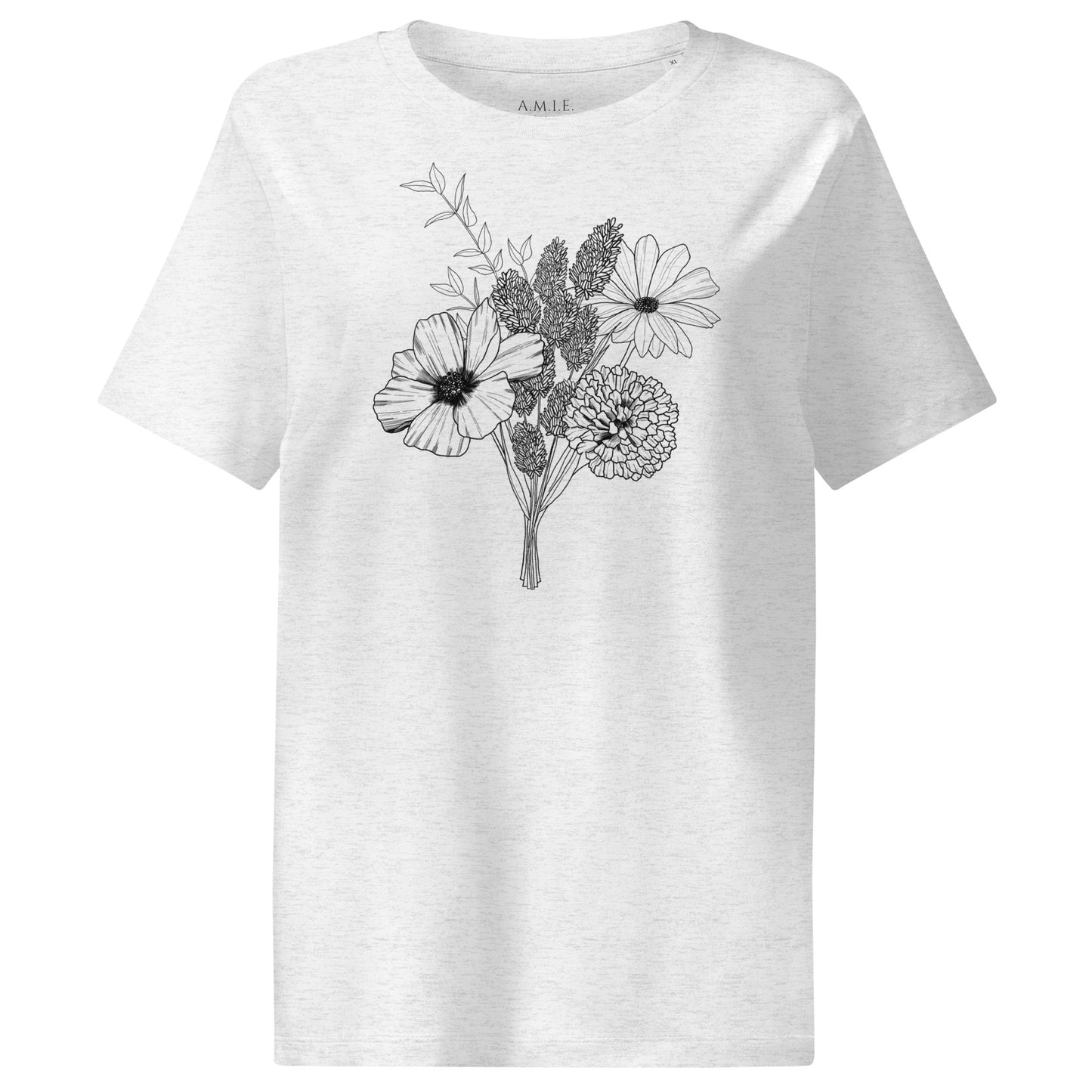 Cool heather grey organic cotton t-shirt with subtle hand-drawn wildflower sketch – Botanical Sketch design