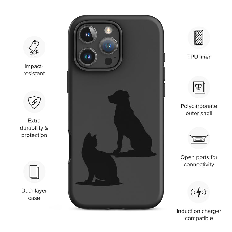 Cat and Dog iPhone 16 Pro Max ，tough case with a minimalist pet silhouette and matte black finish, impact-resistant for everyday protection.