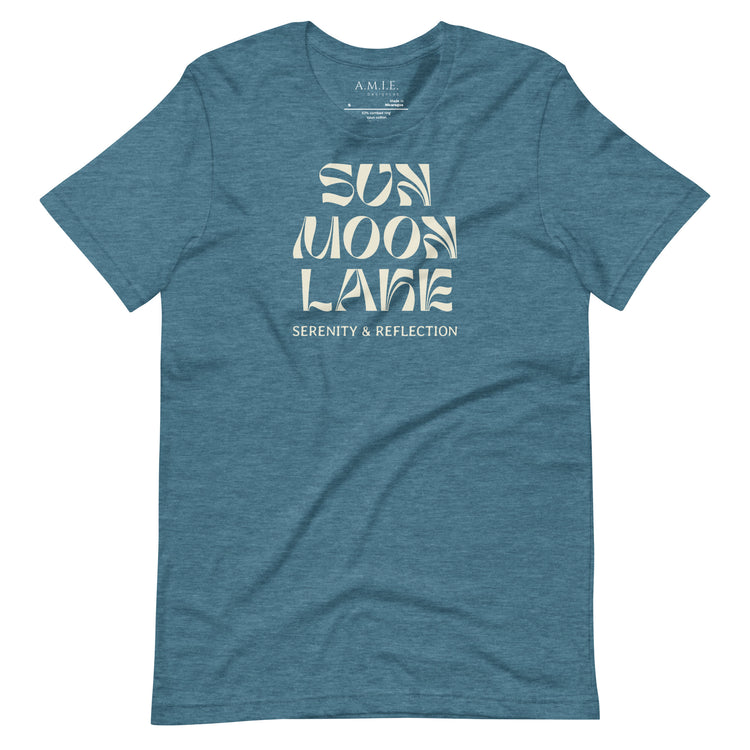 Deep teal minimalist typography t-shirt featuring ‘Sun Moon Lake | Serenity & Reflection.’ A modern abstract design with organic text flow, inspired by balance and movement.