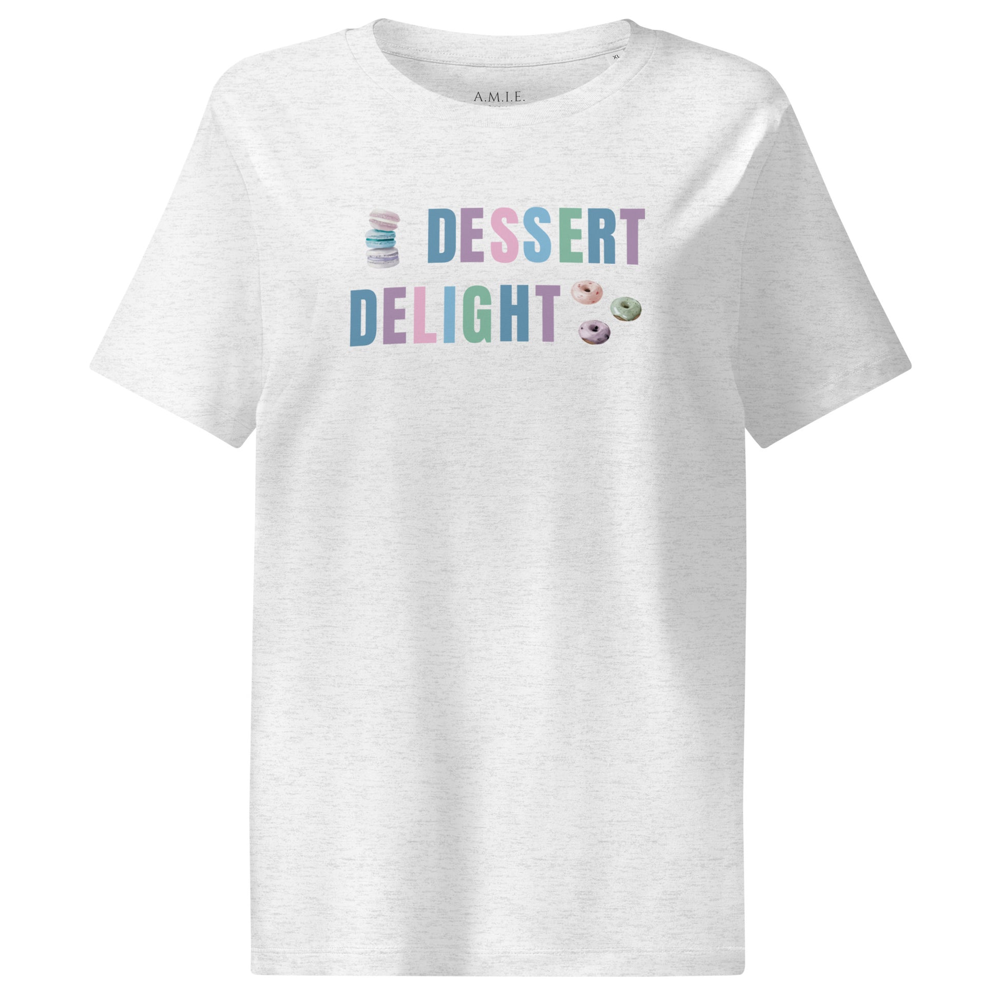 Cool heather grey organic cotton t-shirt with Dessert Delight text and colorful dessert graphics