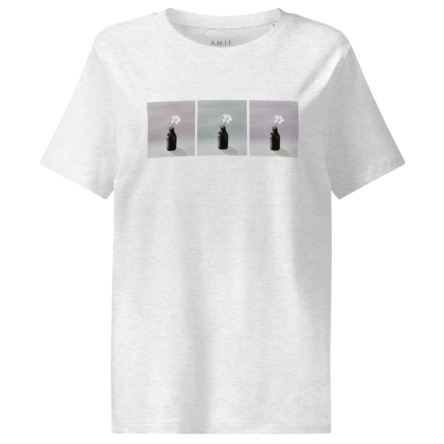Cool heather grey organic cotton t-shirt with three-panel minimalist figure design – Quiet Bloom Reflections