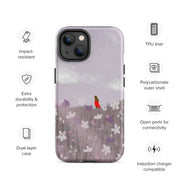 Quiet Moment iPhone 14 tough case with a serene meadow design, soft lavender hues, and a matte finish for impact-resistant protection.
