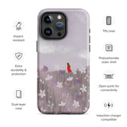 Quiet Moment iPhone 14 & 15 tough case with a serene meadow design, soft lavender hues, and a matte finish for impact-resistant protection.