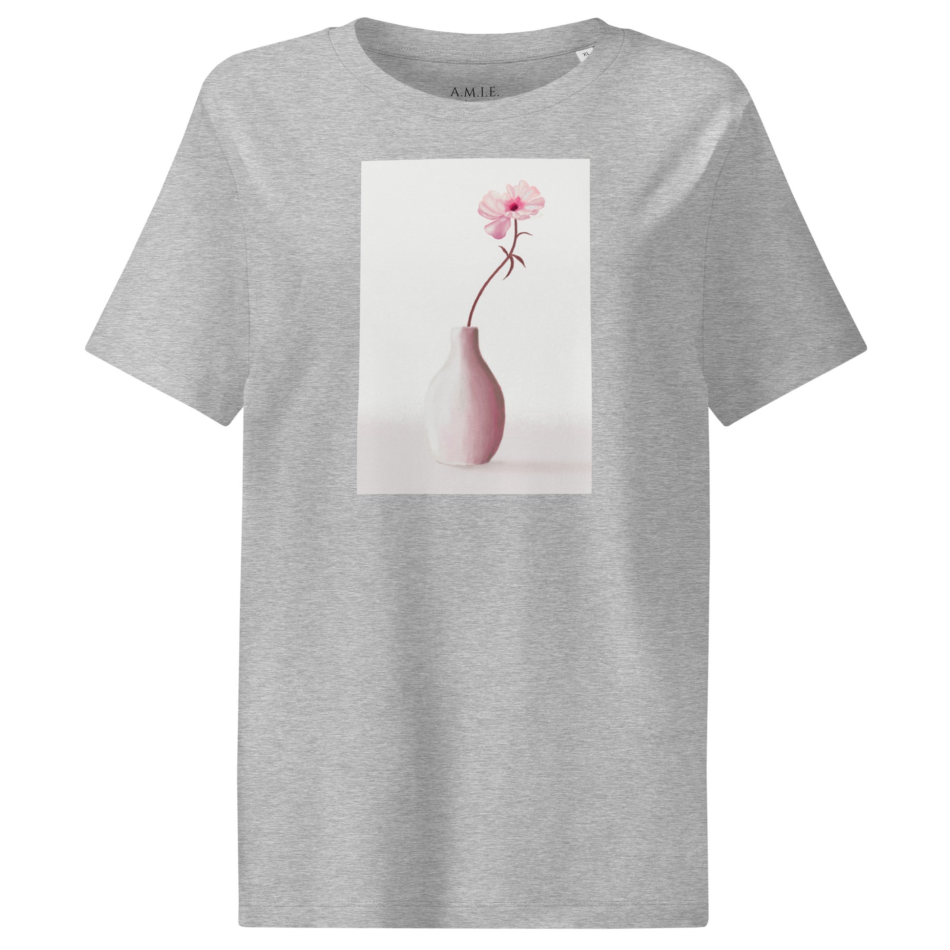 Women’s heather grey organic t-shirt featuring soft pink bloom in a vase artwork.