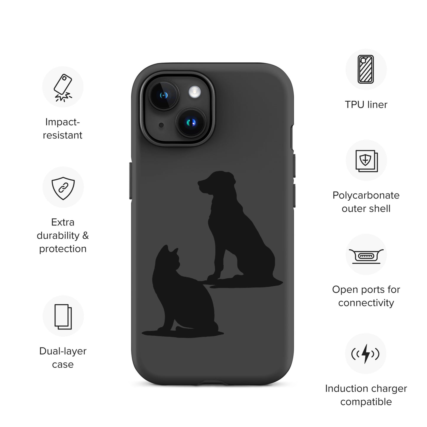 Cat and Dog Black Tough Case for iPhone® 15 | Beloved Pet Design