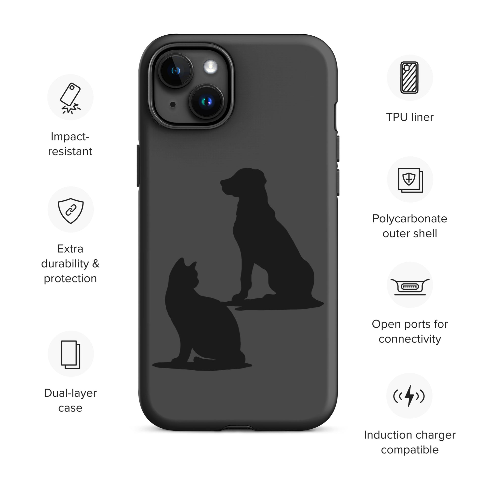 Cat and Dog Black Tough Case for iPhone® 15 Plus | Beloved Pet Design